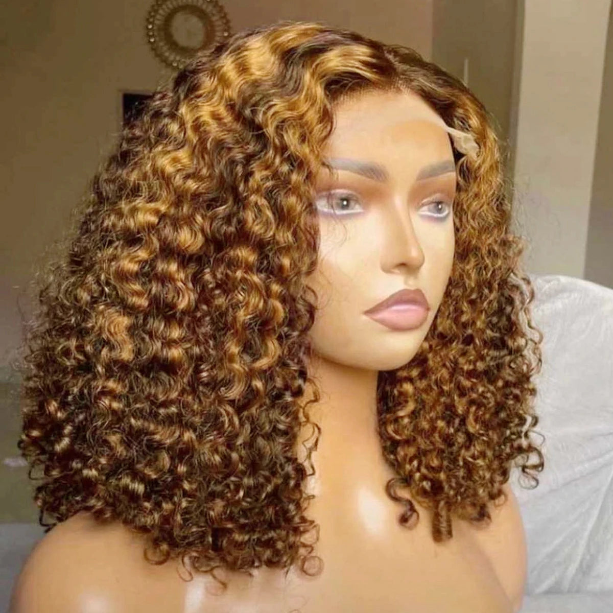 Highlight Color Short Bob Wig Deep Culry Lace Frontal Human Hair Wigs 220% Density #4/27 Highlight Brown Deep Curly Bob Wig