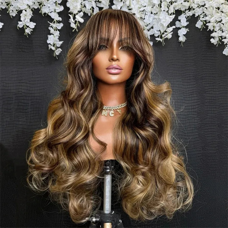 Highlight Ombre Blonde Body Wave Lace Front Wig with Bang 13x4 HD Lace Frontal Wig for Women Synthetic High Quality Daily Wear