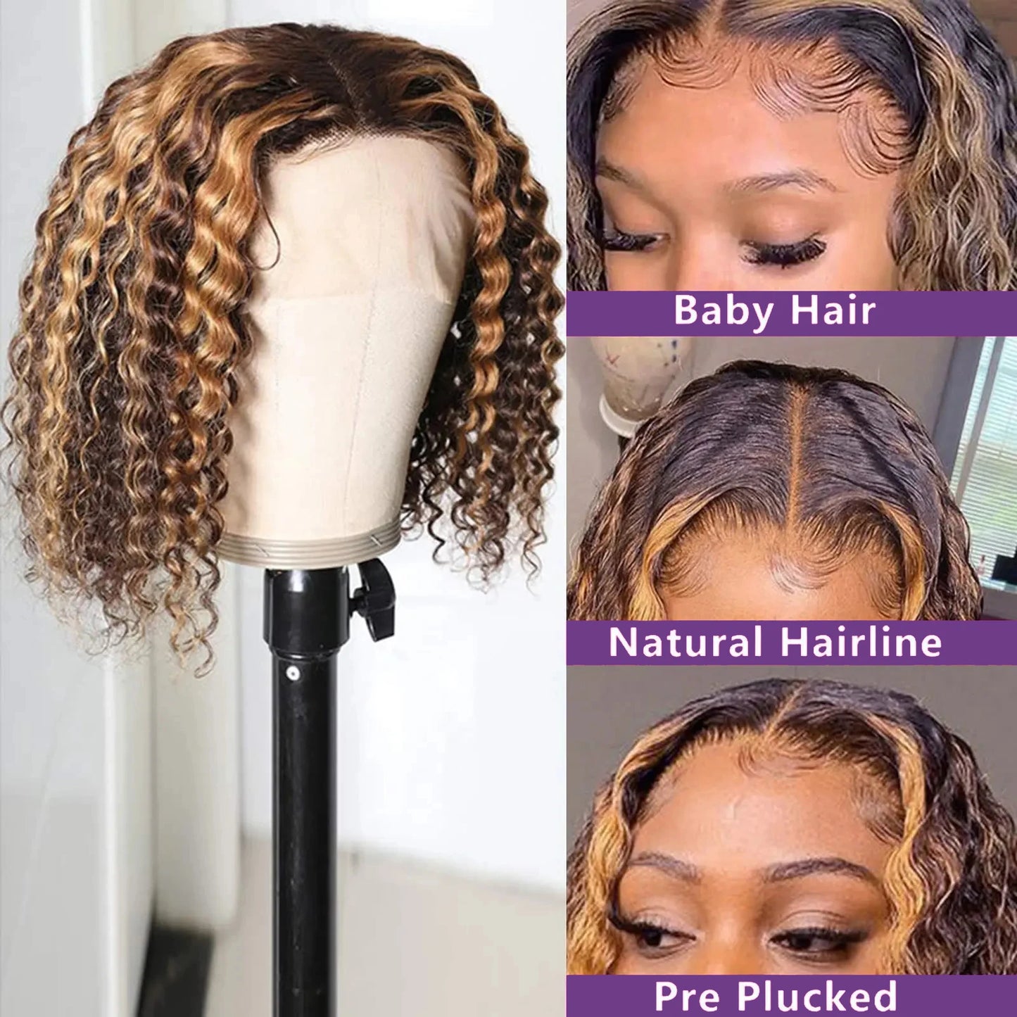 Highlight Color Deep Wave Bob Wig - 13x4 Lace Frontal Brazilian Human Hair Ombre Curly Full Frontal Wig