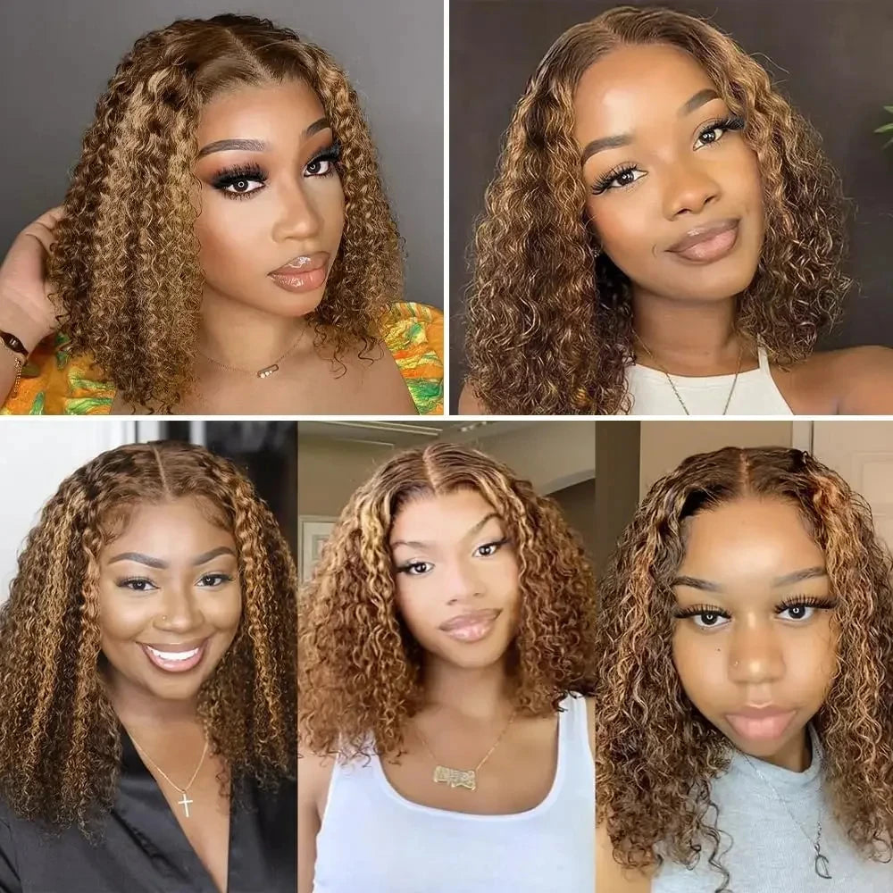 Highlight Color Deep Wave Bob Wig - 13x4 Lace Frontal Brazilian Human Hair Ombre Curly Full Frontal Wig