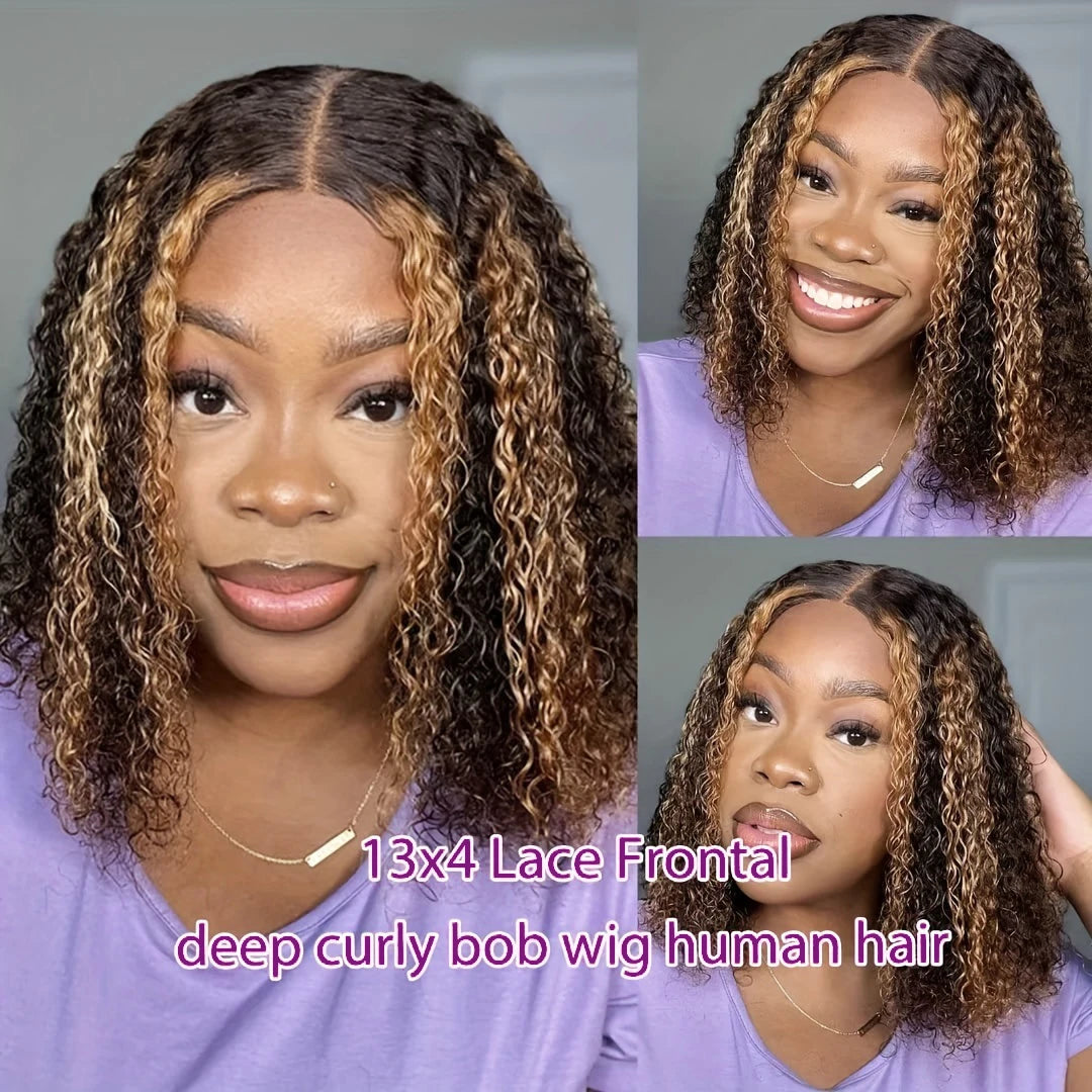 4/27 Highlight Short Bob Wigs Human Hair Deep Wave Ombre Color Curly 13x4 Lace Front Bob Wig 250% Density Human Hair For Women