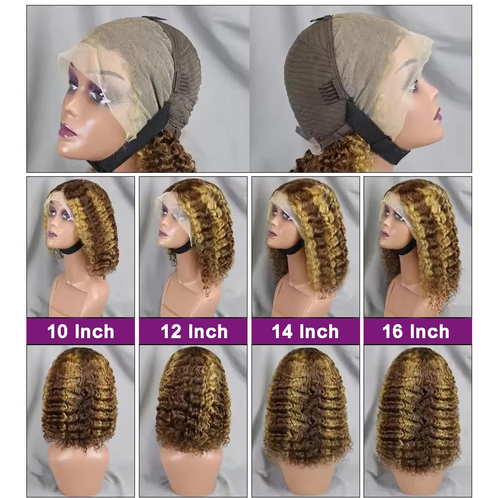Highlight Deep Wave Human Hair Bob Wig 13x4 Transparent Lace Wig 250% Density Deep Curly Bob Wig Pre-Plucked Lace Frontal Wig