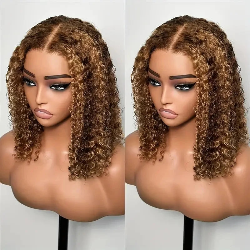 Highlight Color Deep Wave Bob Wig - 13x4 Lace Frontal Brazilian Human Hair Ombre Curly Full Frontal Wig
