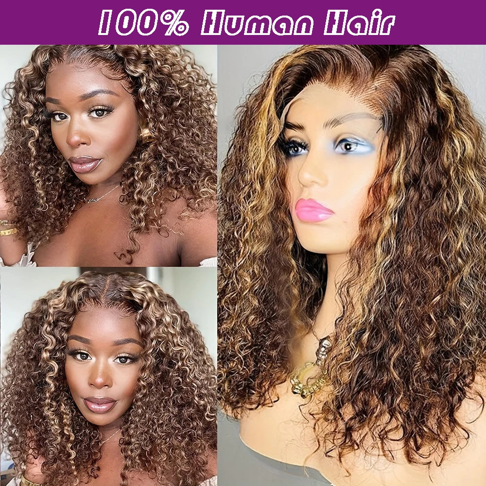4/27 Highlight Short Bob Wigs Human Hair Deep Wave Ombre Color Curly 13x4 Lace Front Bob Wig 250% Density Human Hair For Women