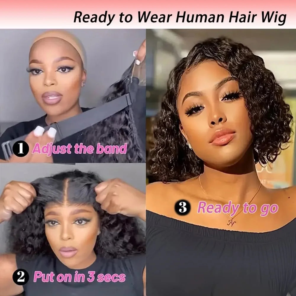 Glueless Deep Wave Wigs Human Hair 180 Density Pre Cut Lace Bob Wigs For Women Pre Plukced Bleached Knots Transparent Lace Front