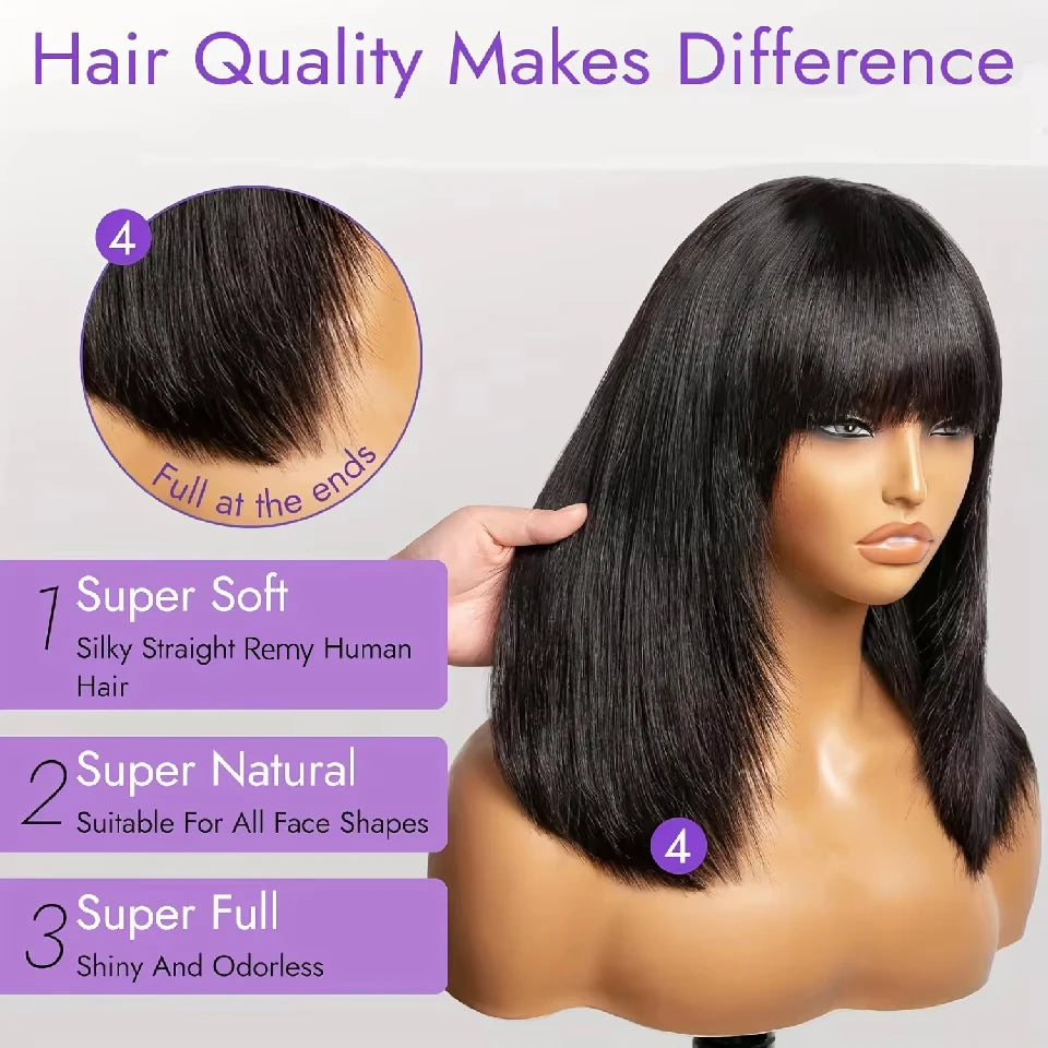 Straight Bob Wig with Bangs Raw Human Hair 180% Density