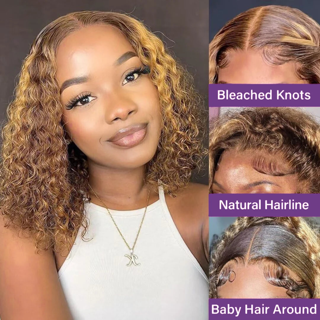 Highlight Color Short Bob Wig Deep Culry Lace Frontal Human Hair Wigs 220% Density #4/27 Highlight Brown Deep Curly Bob Wig