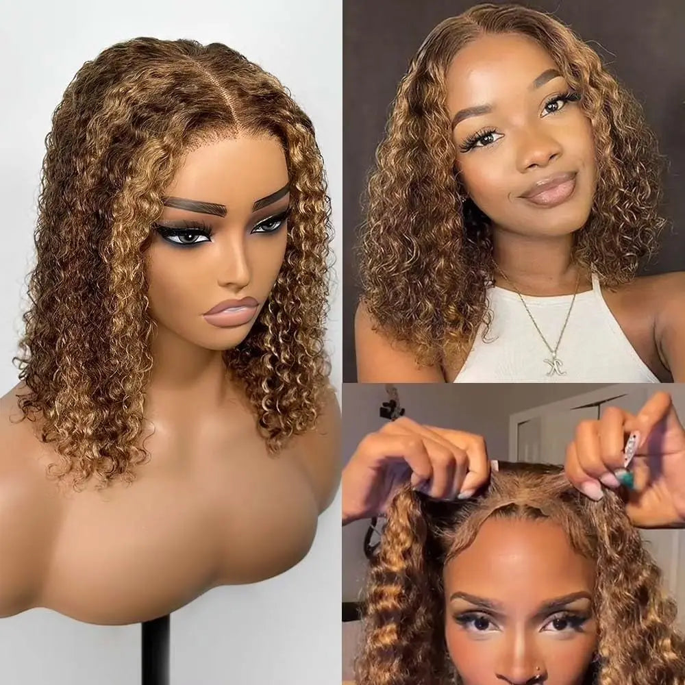 Highlight Color Short Bob Wig Deep Culry Lace Frontal Human Hair Wigs 220% Density #4/27 Highlight Brown Deep Curly Bob Wig