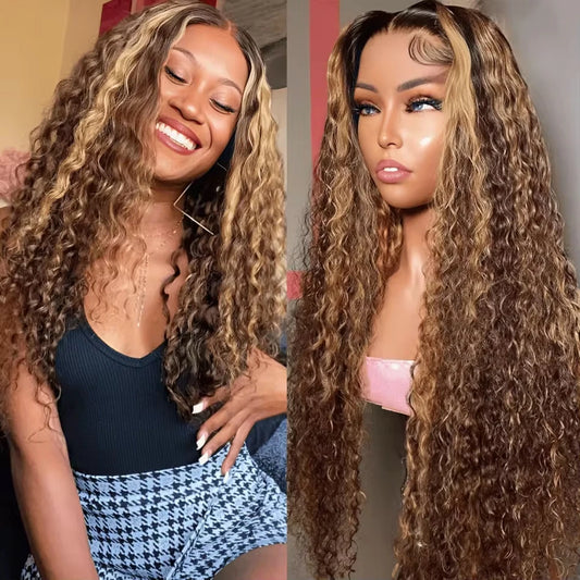 Highlight Deep Wave Wig Ombre Honey Blonde Kinky Curly Lace Front Wig Gluless Deep Wave Lace Wigs Synthetic Heat Resistant Fiber