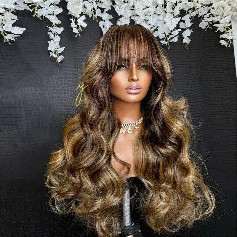 Highlight Ombre Blonde Body Wave Lace Front Wig with Bang 13x4 HD Lace Frontal Wig for Women Synthetic High Quality Daily Wear