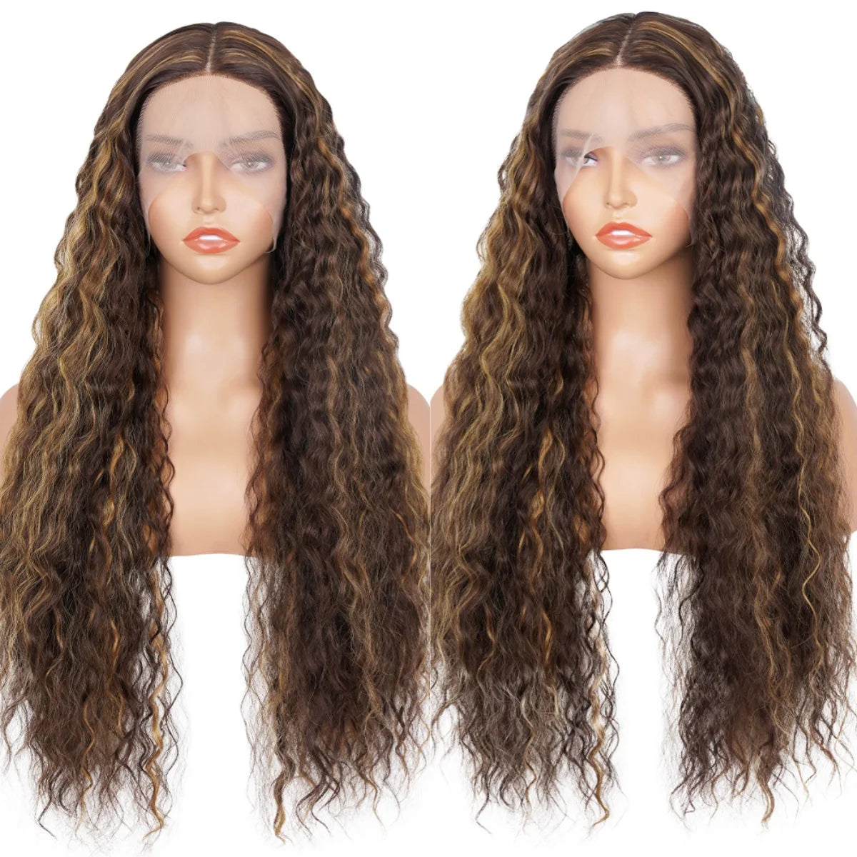 Deep Wave Lace Front Wig - Ombre Honey Blonde Kinky Curly Synthetic, Heat Resistant, Glueless Design