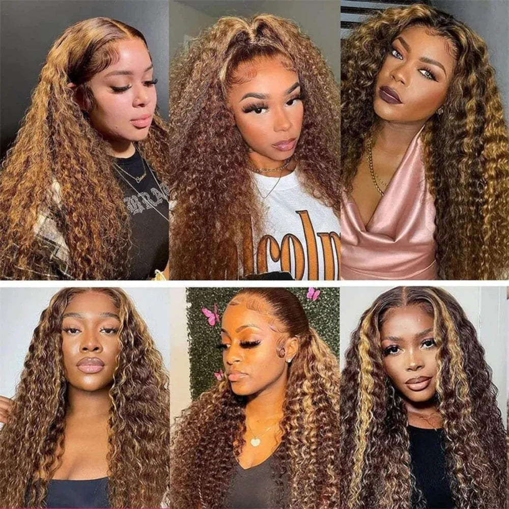Deep Wave Lace Front Wig - Ombre Honey Blonde Kinky Curly Synthetic, Heat Resistant, Glueless Design