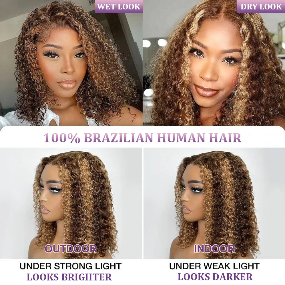 Highlight Color Short Bob Wig Deep Culry Lace Frontal Human Hair Wigs 220% Density #4/27 Highlight Brown Deep Curly Bob Wig