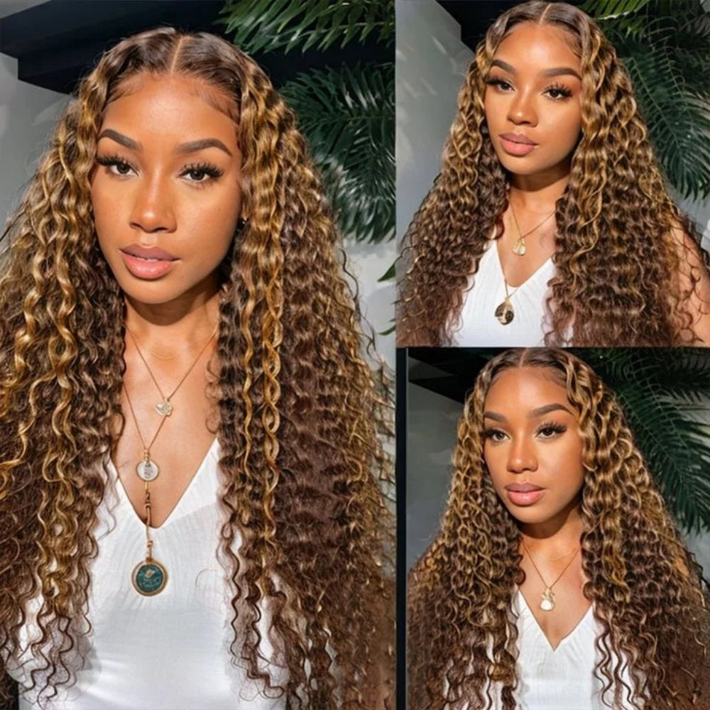 Deep Wave Lace Front Wig - Ombre Honey Blonde Kinky Curly Synthetic, Heat Resistant, Glueless Design