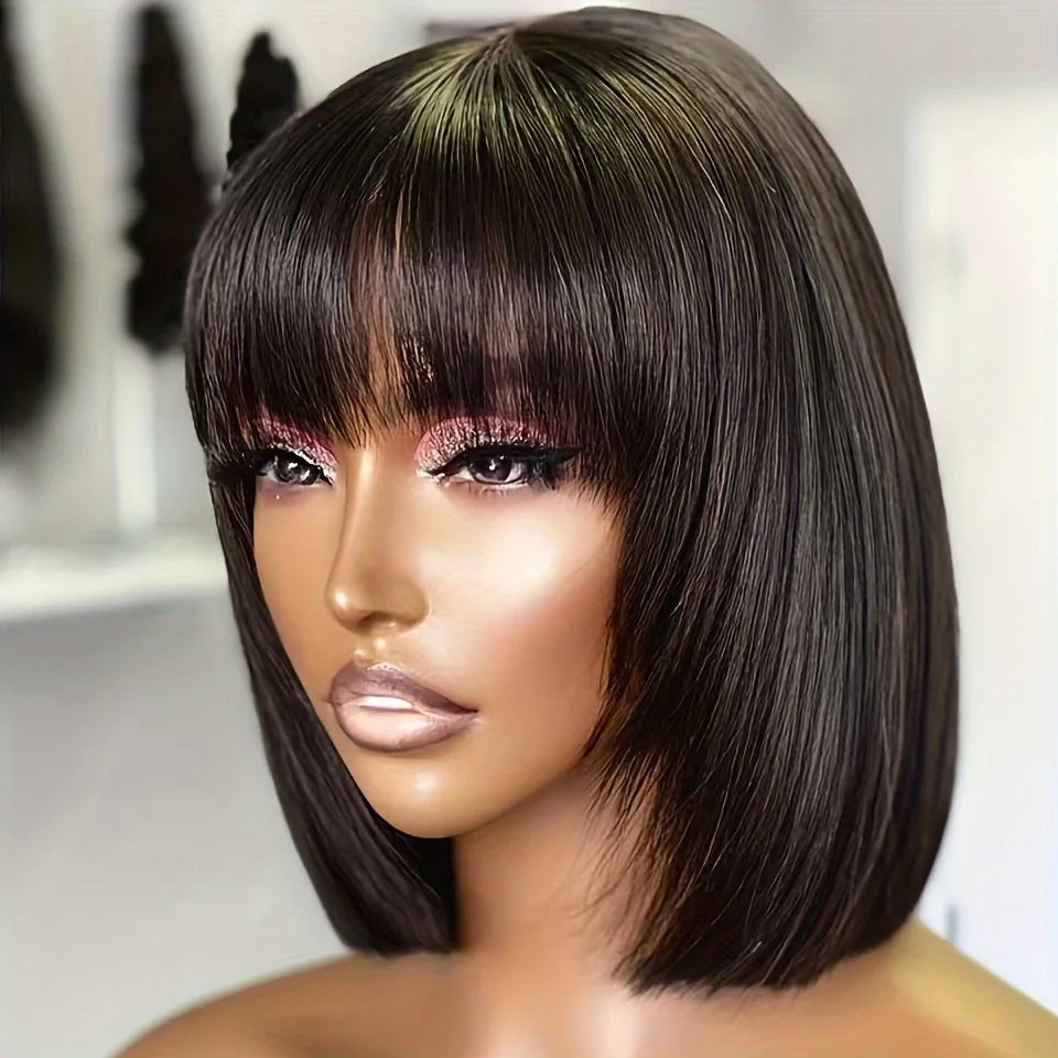 Straight Bob Wig with Bangs Raw Human Hair 180% Density