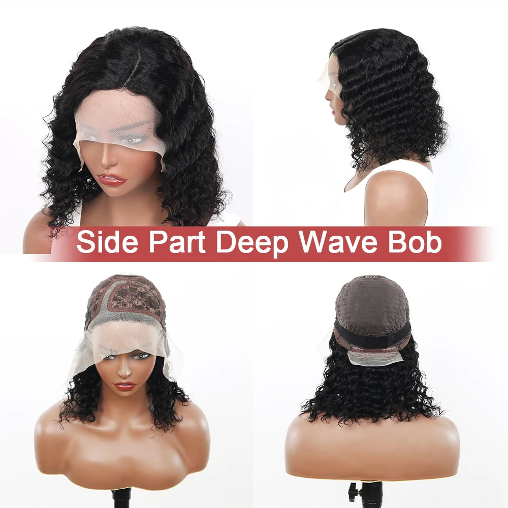 Glueless Deep Wave Wigs Human Hair 180 Density Pre Cut Lace Bob Wigs For Women Pre Plukced Bleached Knots Transparent Lace Front