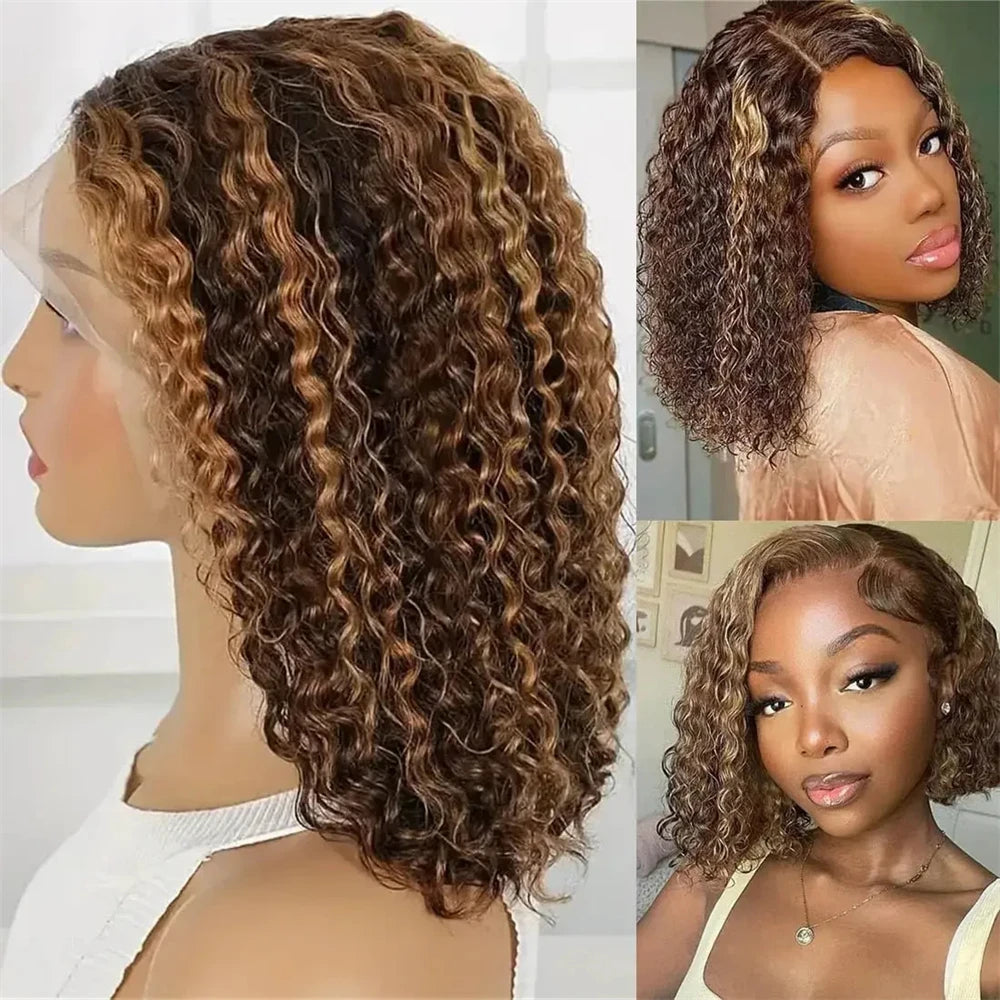 Highlight Color Deep Wave Bob Wig - 13x4 Lace Frontal Brazilian Human Hair Ombre Curly Full Frontal Wig