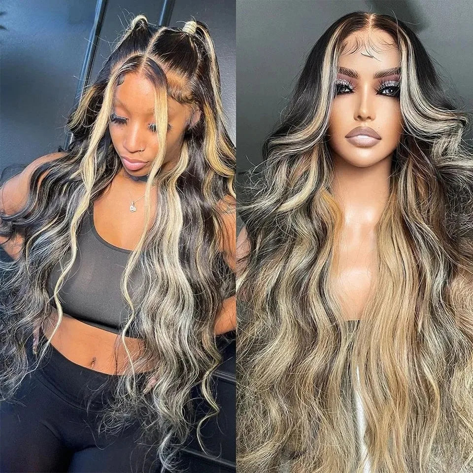 Blue Highlight Ombre Blonde Wig Body Wave Lace Frontal Wigs 13X4 HD Lace Wig Synthetic High Quality Pre Plucked Daily Cosplay