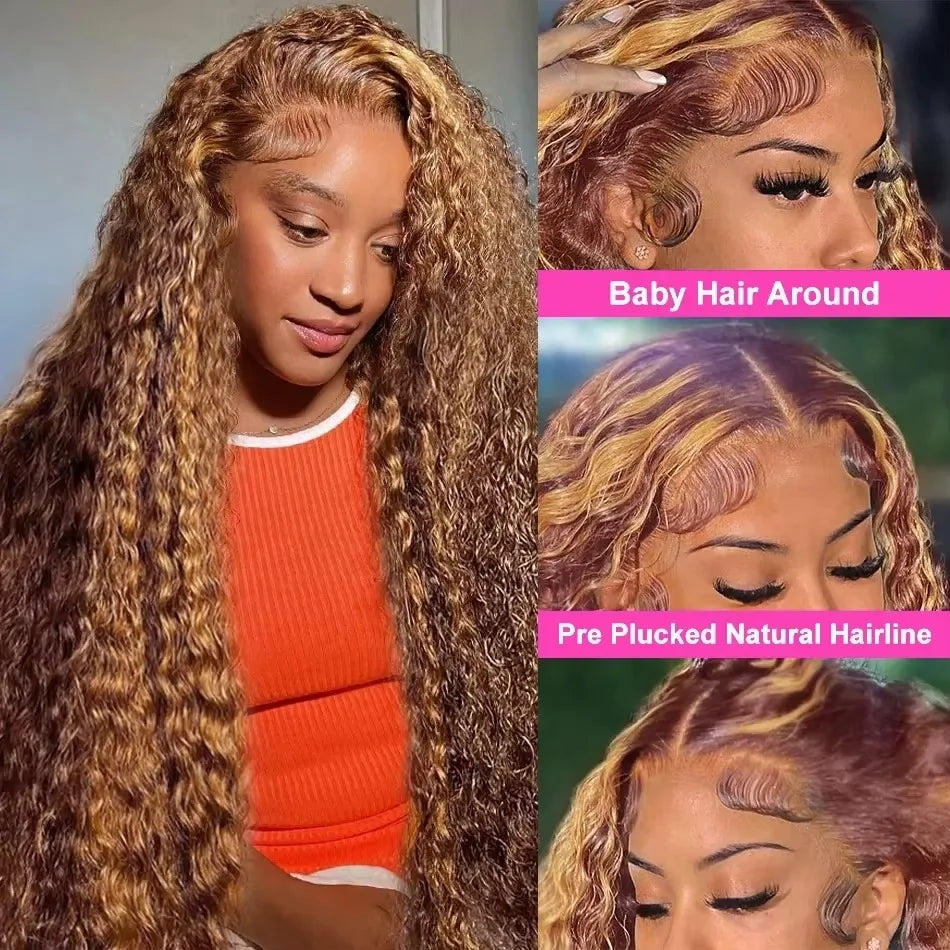 30 40 inch Highlight Ombre Lace Front Wig Human Hair Deep Wave 13x6 HD Honey Blonde Lace Frontal Wigs P4/27 Curly Human Hair Wig