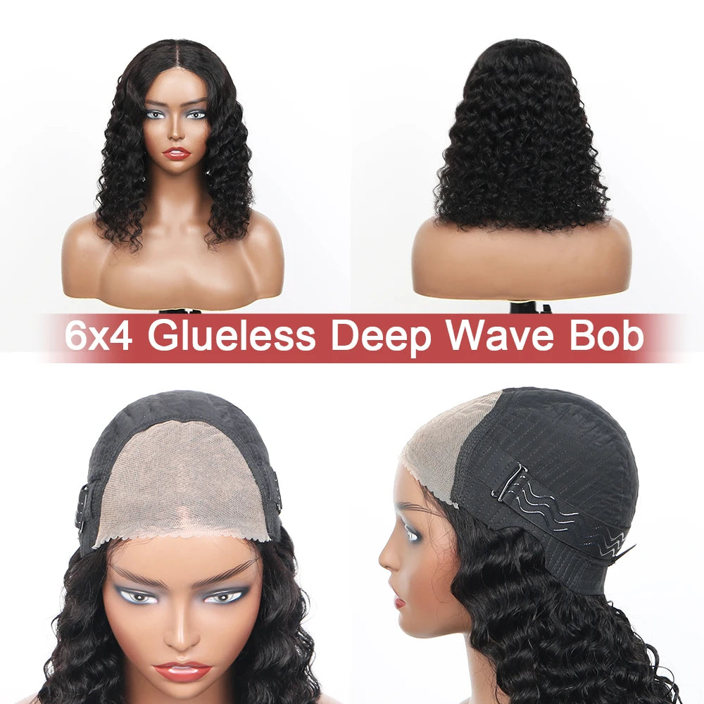 Glueless Deep Wave Wigs Human Hair 180 Density Pre Cut Lace Bob Wigs For Women Pre Plukced Bleached Knots Transparent Lace Front