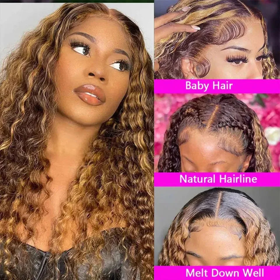 30 40 inch Highlight Ombre Lace Front Wig Human Hair Deep Wave 13x6 HD Honey Blonde Lace Frontal Wigs P4/27 Curly Human Hair Wig