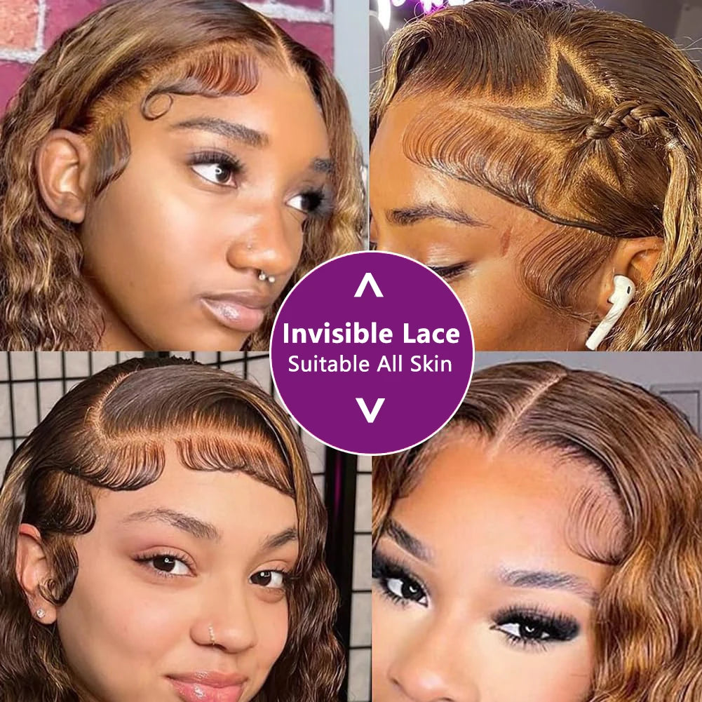 Highlight Deep Wave Human Hair Bob Wig 13x4 Transparent Lace Wig 250% Density Deep Curly Bob Wig Pre-Plucked Lace Frontal Wig