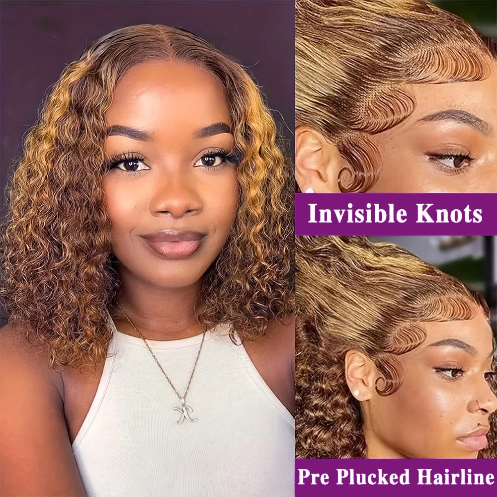 4/27 Highlight Short Bob Wigs Human Hair Deep Wave Ombre Color Curly 13x4 Lace Front Bob Wig 250% Density Human Hair For Women