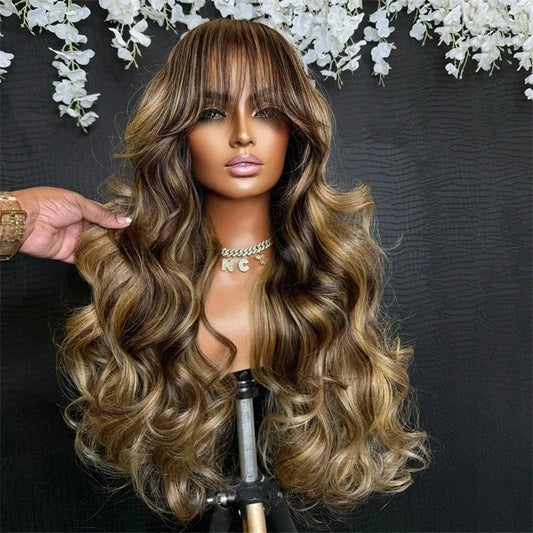 Highlight Ombre Blonde Body Wave Lace Front Wig with Bang 13x4 HD Lace Frontal Wig for Women Synthetic High Quality Daily Wear