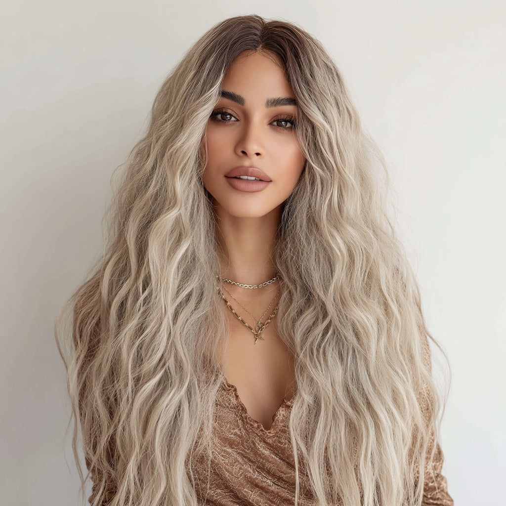 European And American Fashion T-shaped Lace Front Wig Gray Gradient Wavy Curly Hair Wig For Women SM9017
