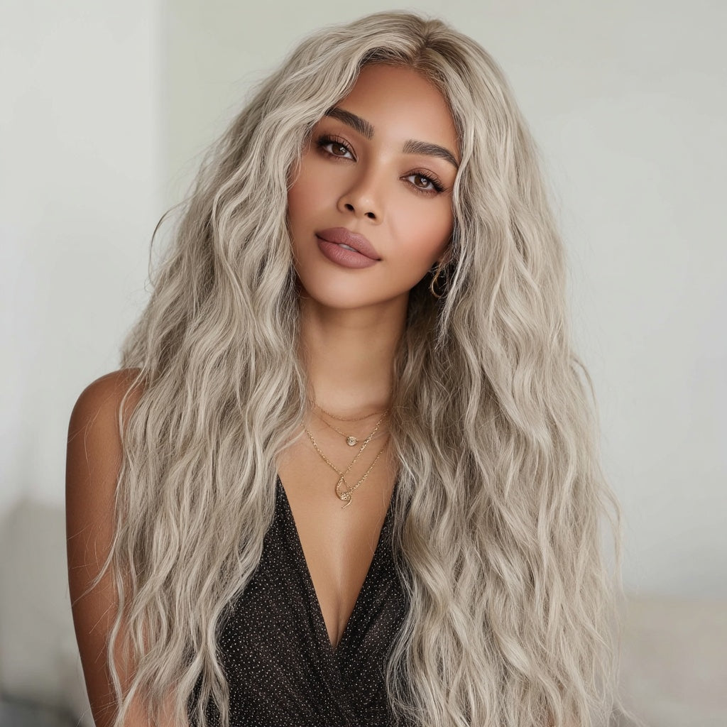 European And American Fashion T-shaped Lace Front Wig Gray Gradient Wavy Curly Hair Wig For Women SM9017