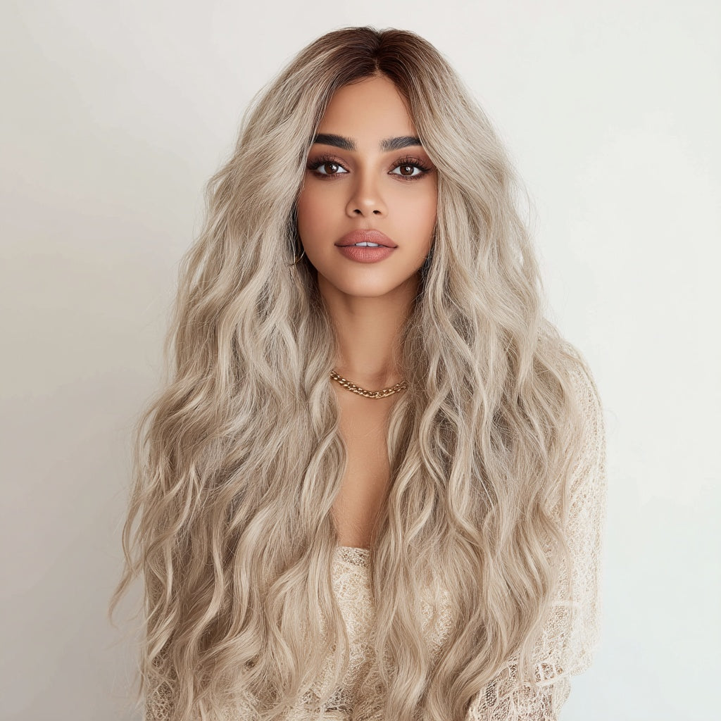 European And American Fashion T-shaped Lace Front Wig Gray Gradient Wavy Curly Hair Wig For Women SM9017